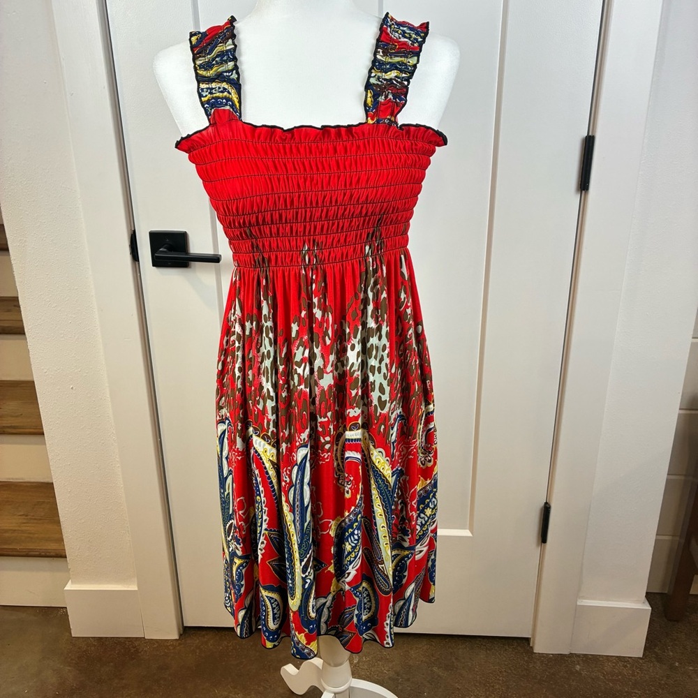 Lildy Women's Red Smocked Paisley Print Sundress Summer Beach Size Small  c